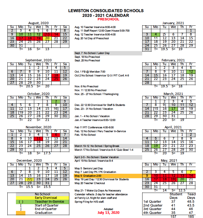Lewiston School Lewiston PreK Calendar 2020 2021